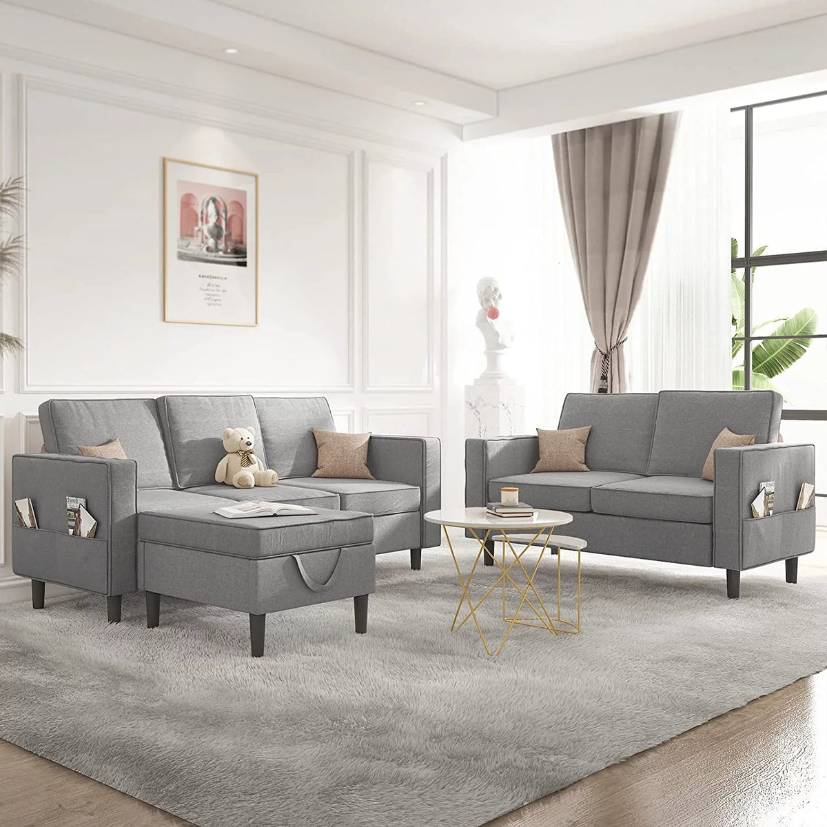 Light Gray Convertible Sectional Sofa with Storage Ottoman D163