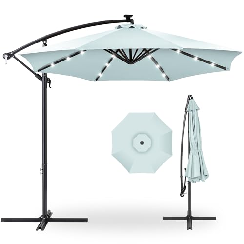 10ft Solar LED Offset Hanging Patio Umbrella with Easy Tilt Adjustment, Polyester Shade, 8 Ribs - Black T99472