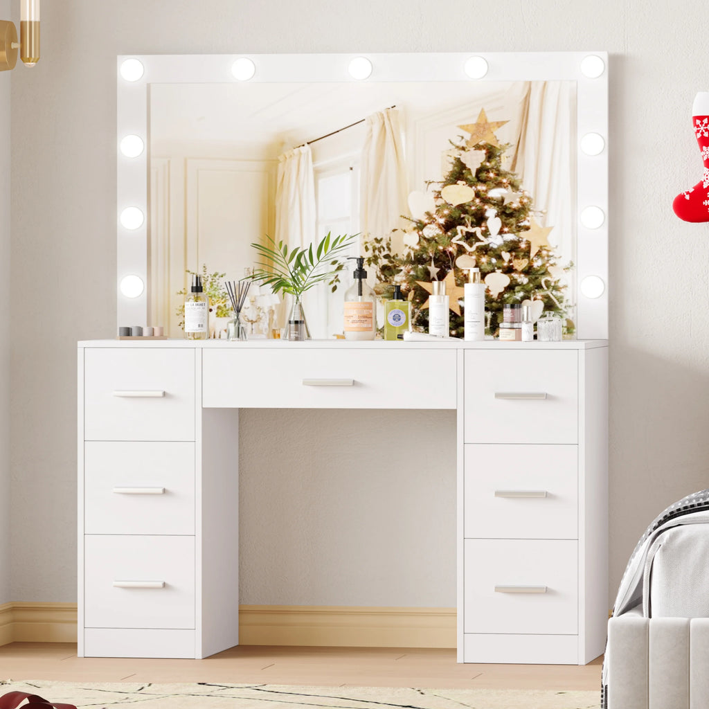 White Makeup Vanity Table with Mirror and 7-Drawer K9200