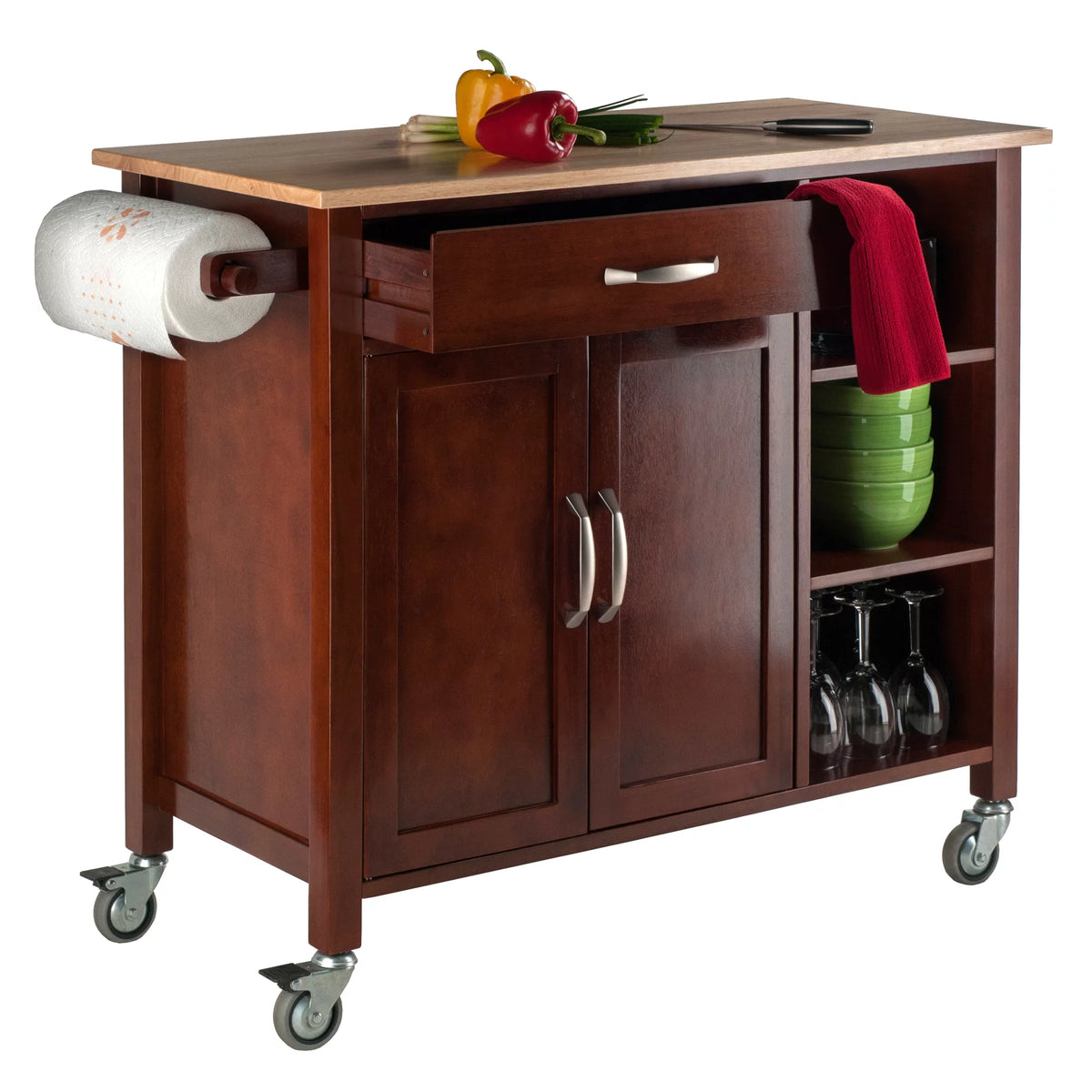 Beige and Brown Walnut Kitchen Cart with Drawer and Cabinet O582