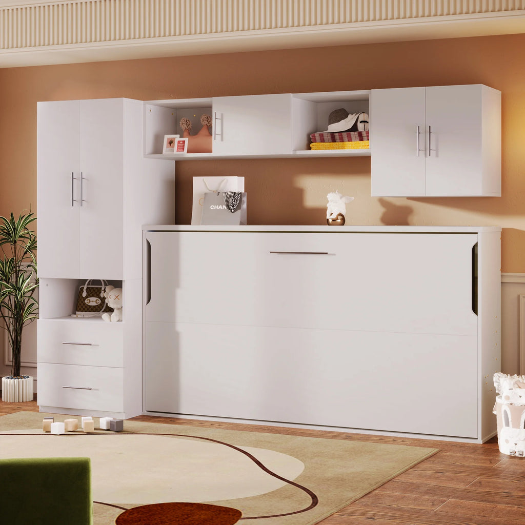 Twin Size Murphy Bed with Shelves Storage Drawers Wardrobe Table White Z58066