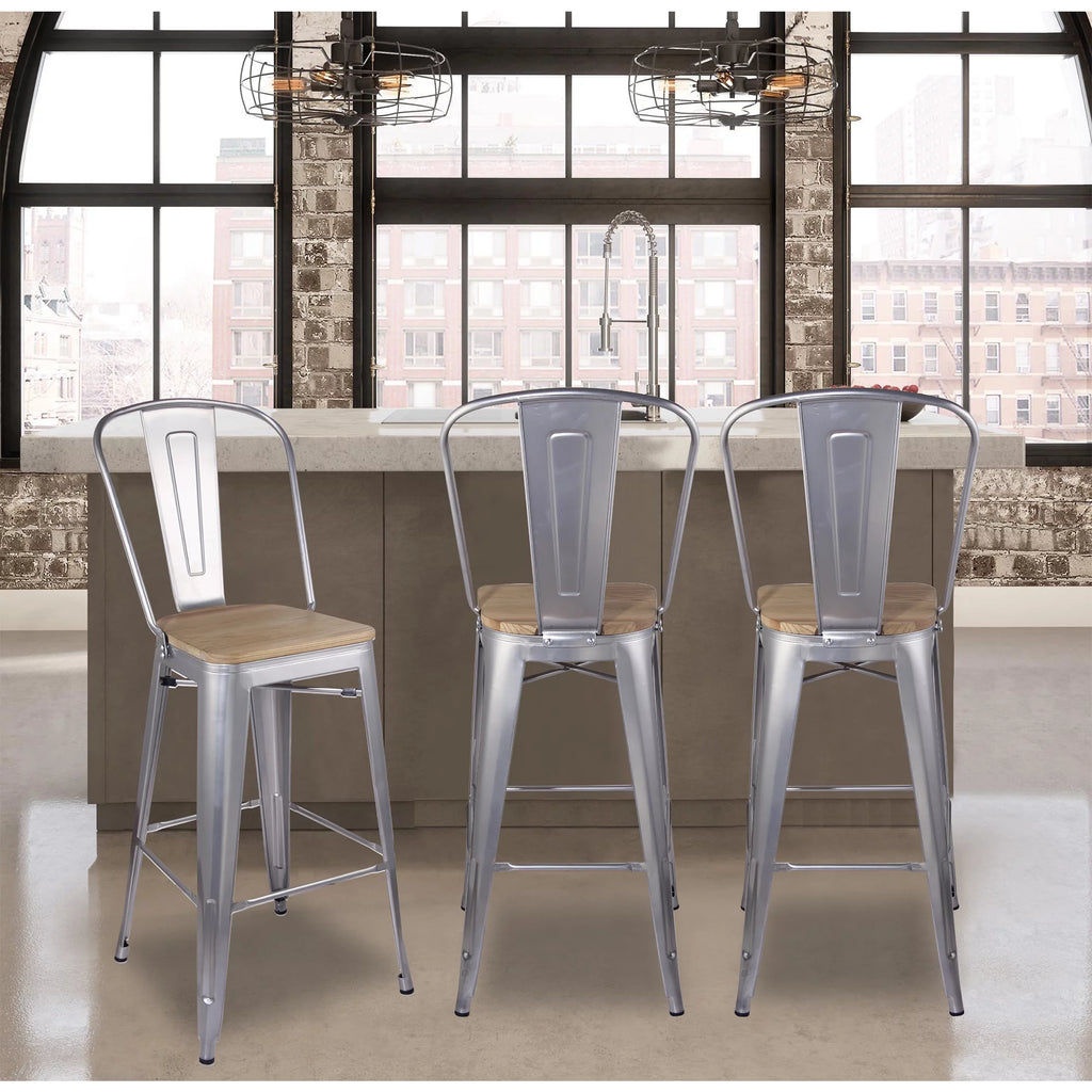 30 Inch Silver High Back Counter Height Metal Barstool with Light Wood Seat, Set of 4 I6099
