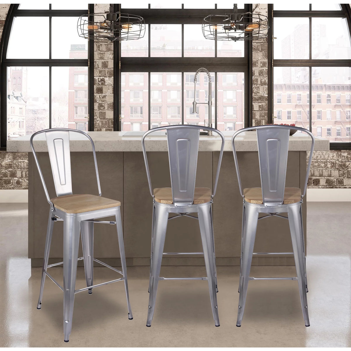 30 Inch Silver High Back Counter Height Metal Barstool with Light Wood Seat, Set of 4 I6099