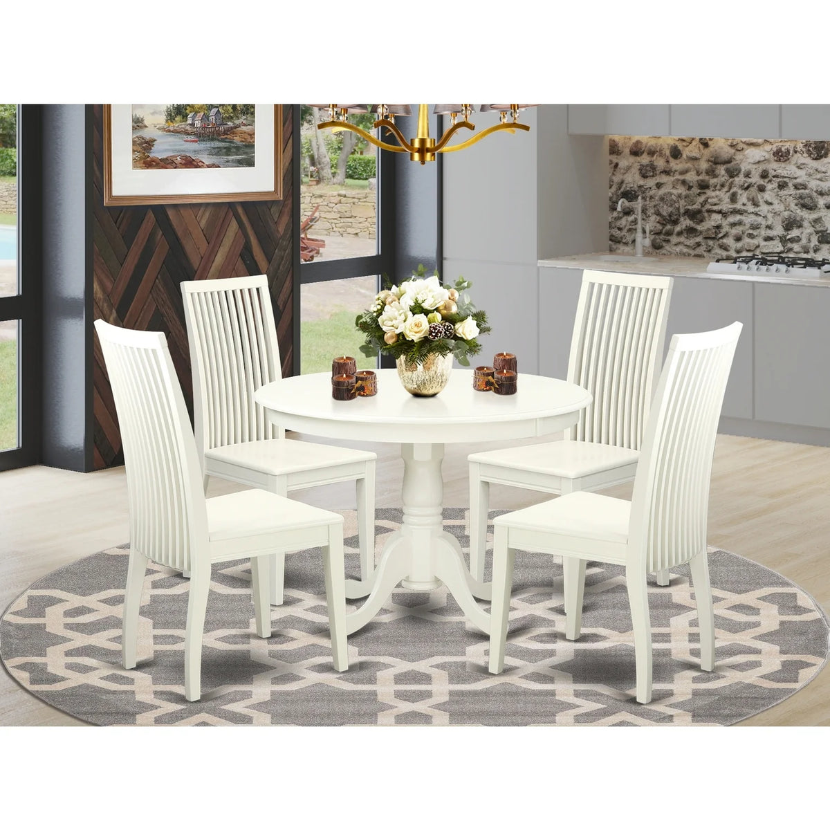 5-Piece Dining Table And 4 Wood Seat Chairs Linen White W397982