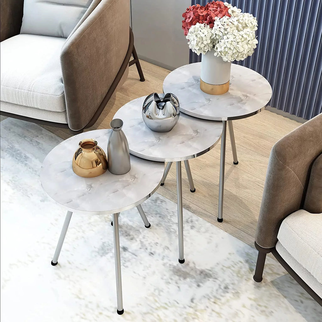 Round Nesting End Tables White Marble Silver E2473