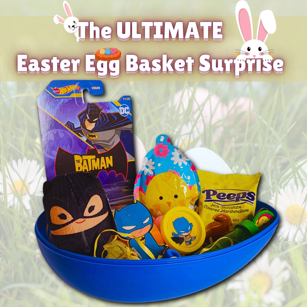 Pre-Filled Easter Basket with Plush Toy, Car, Balloon Eggs, Candies & Reusable Egg-Shaped Container X3544
