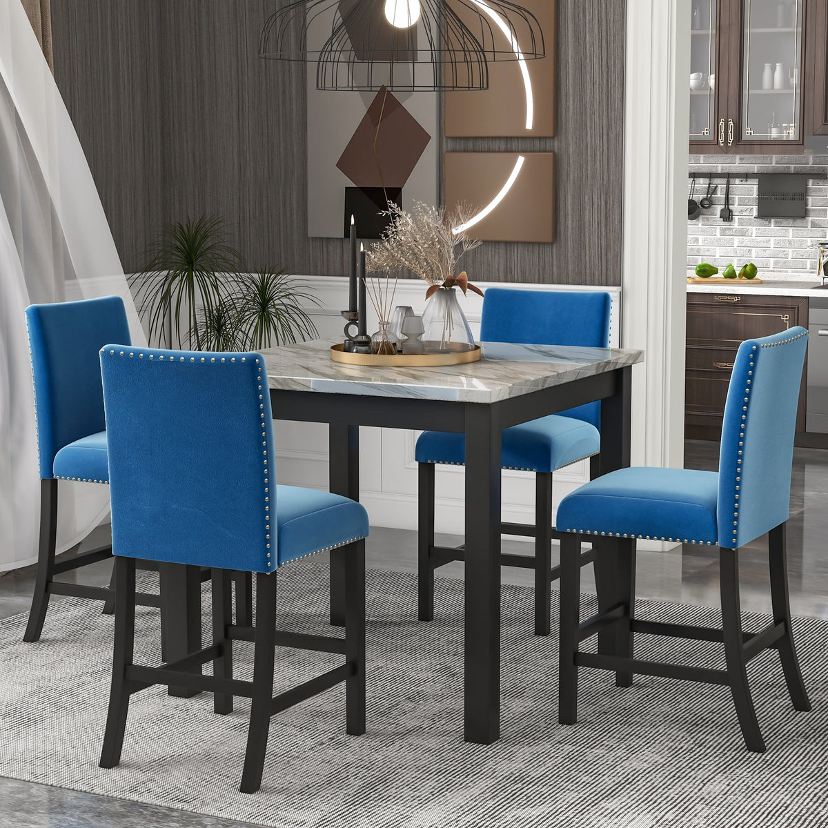 Blue 5-Piece Faux Marble Dining Table Set with 4 Upholstered Chairs X35922