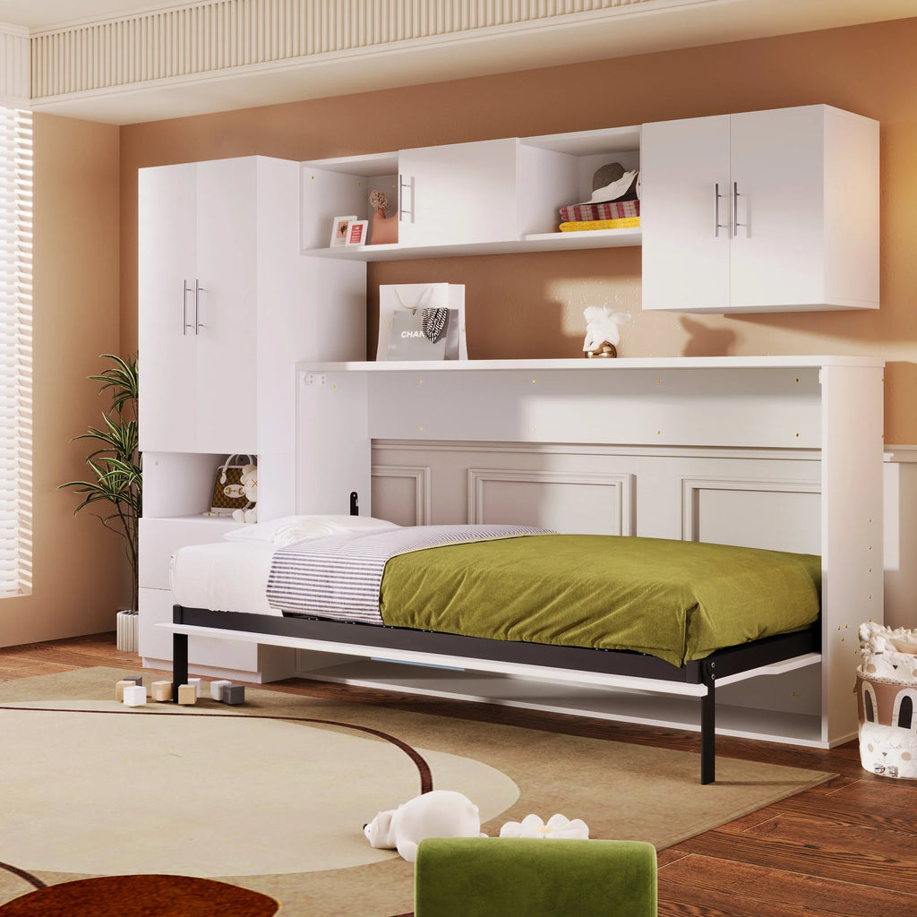 Twin Size Murphy Bed with Shelves Storage Drawers Wardrobe Table White Z58066