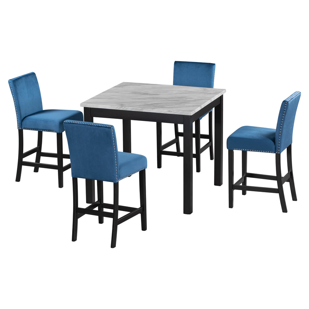 Blue 5-Piece Faux Marble Dining Table Set with 4 Upholstered Chairs X35922