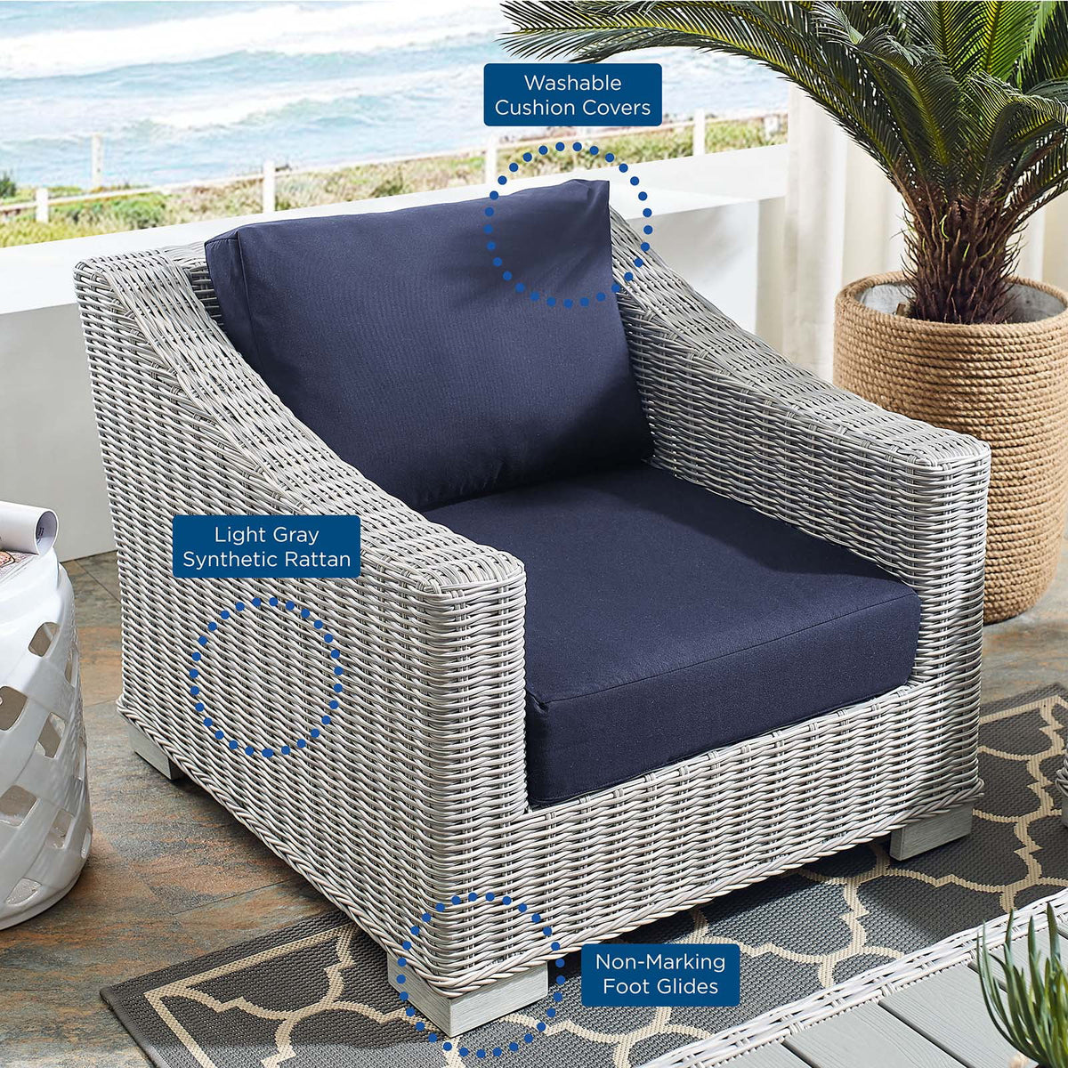 Light Gray Navy Wicker Rattan Outdoor Patio Armchair I897767