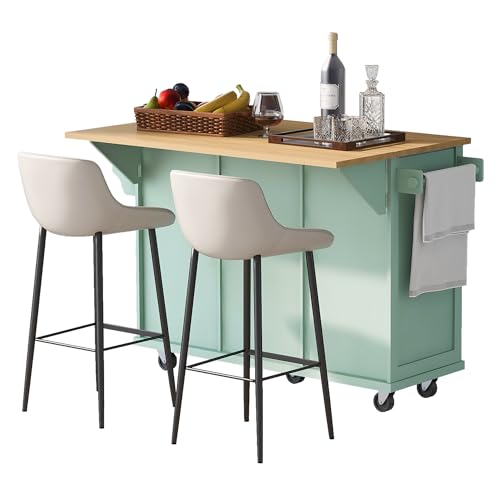 Farmhouse Kitchen Island with Power Outlet, Drop Leaf, Spice Rack and Drawer I325