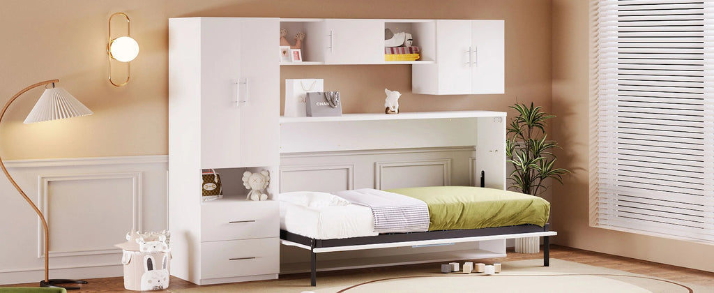 Twin Size Murphy Bed with Shelves Storage Drawers Wardrobe Table White Z58066