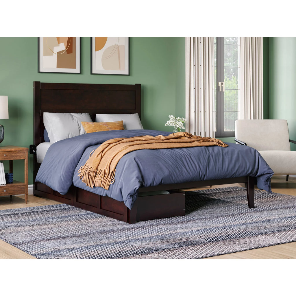 Full Solid Wood Bed with 2 Drawers and USB Charger in Espresso T91826