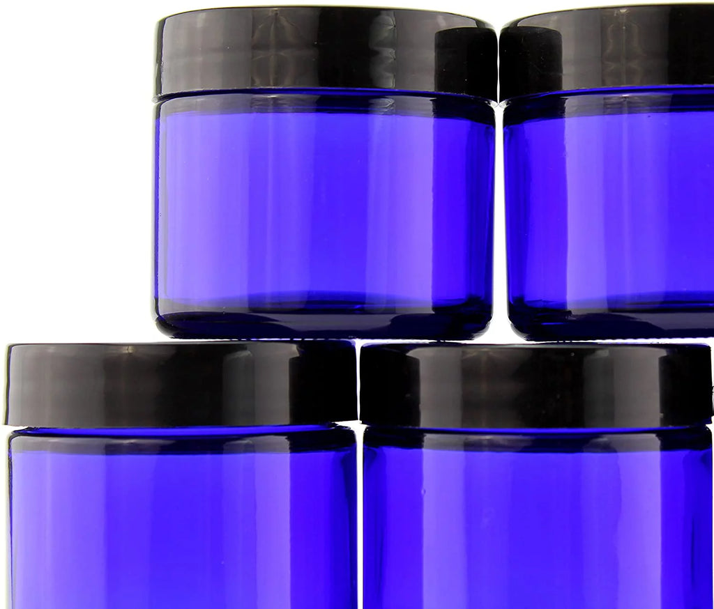 2 oz Cobalt Blue Glass Cosmetic Jars 12-Pack with Black Lined Lids W600