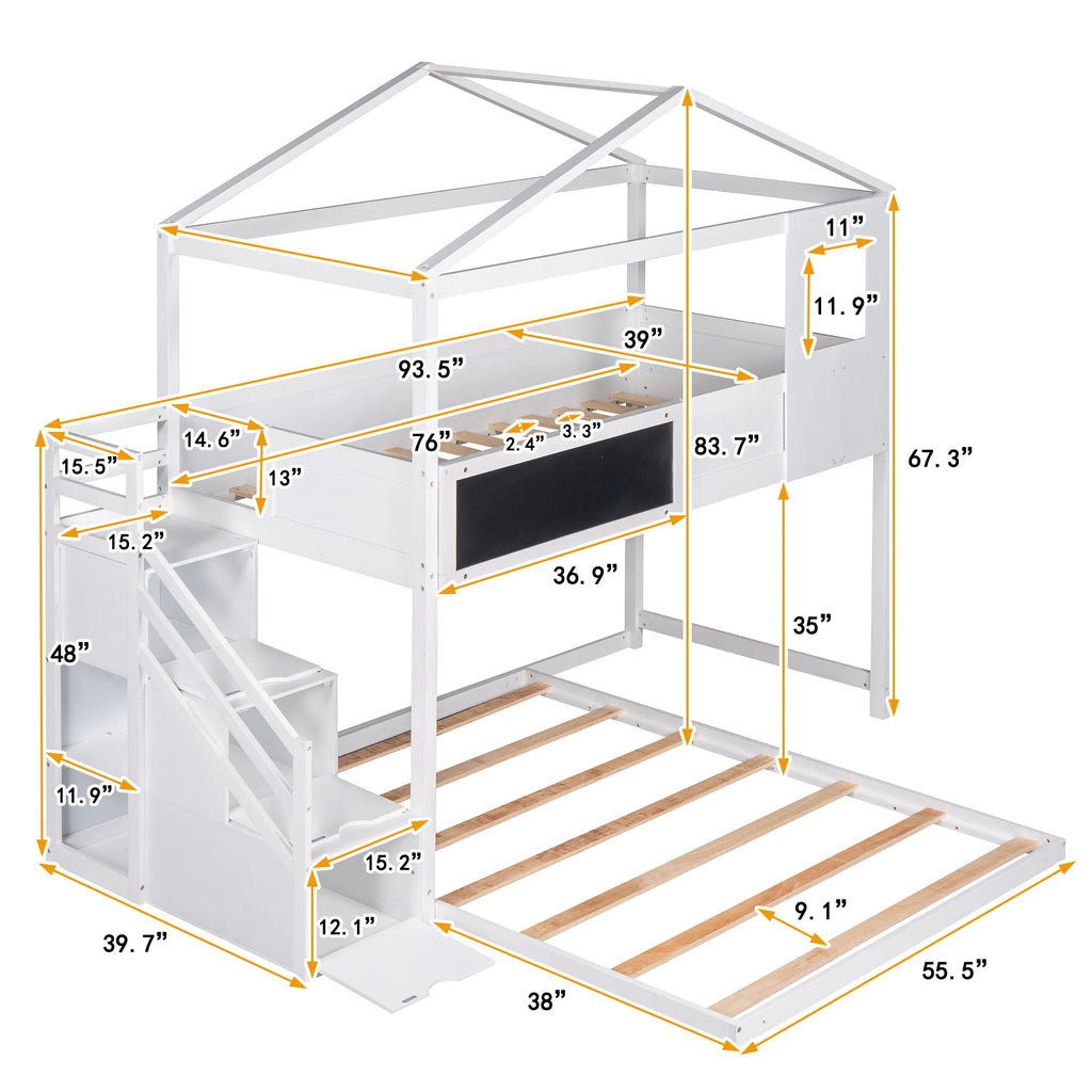 White Solid Wood Twin over Full Bunk Bed with Storage Staircase X91123