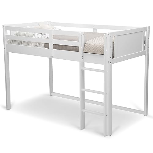 White Twin Loft Bed with Guardrail and Ladder E5493