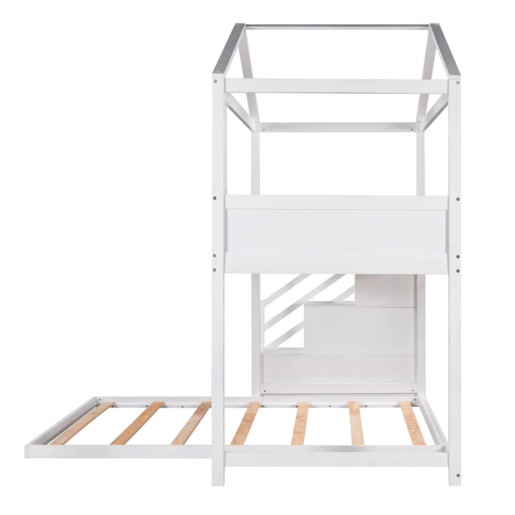 White Solid Wood Twin over Full Bunk Bed with Storage Staircase X91123