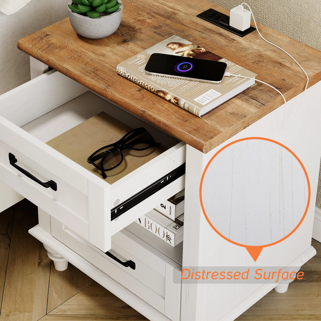 White and Brown Nightstand with Charging Station and Drawer I120055
