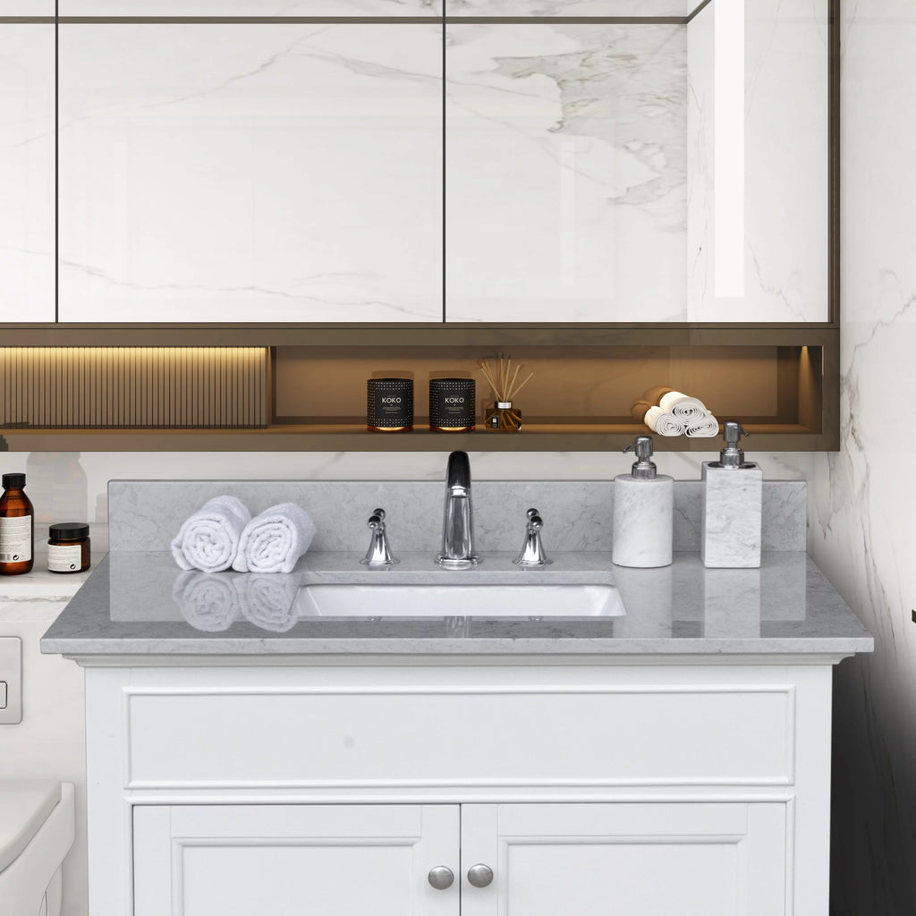 37in Grey Engineered Stone Vanity Top with Ceramic Sink V95249