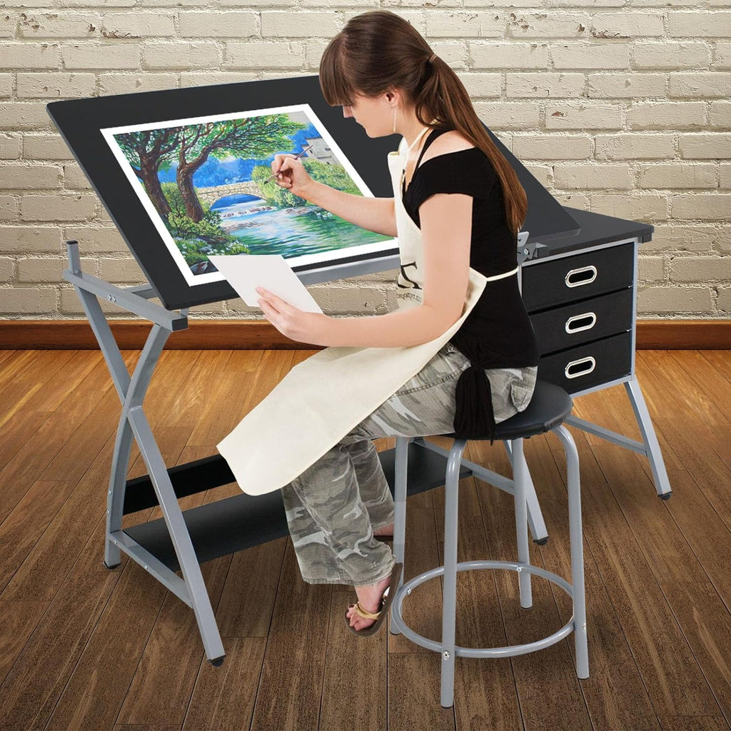 Height Adjustable Art Desk with 3 Storage Drawers S721