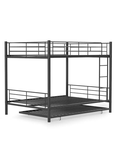 Full Over Full Bunk Bed with Trundle and Ladder, Black J306