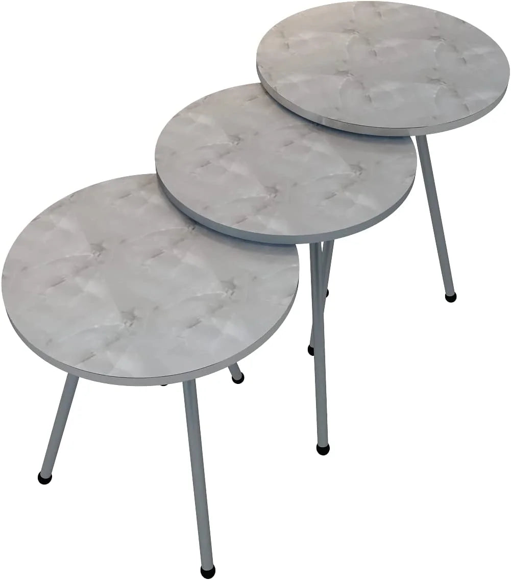 Round Nesting End Tables White Marble Silver E2473