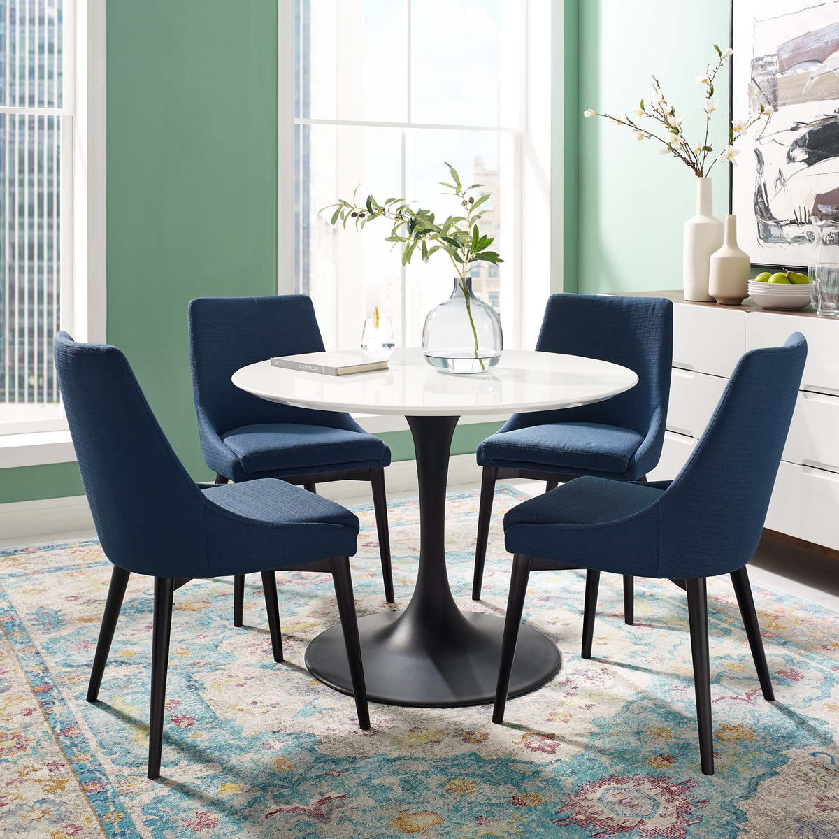 Round Dining Table Wood Metal Steel Black White G413