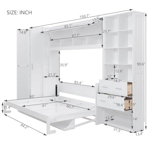 Queen Size Murphy Bed with Desk and Storage Drawers White Y389112