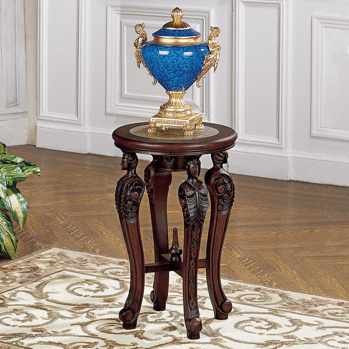 Marble-Topped Hardwood Pedestal Table I768
