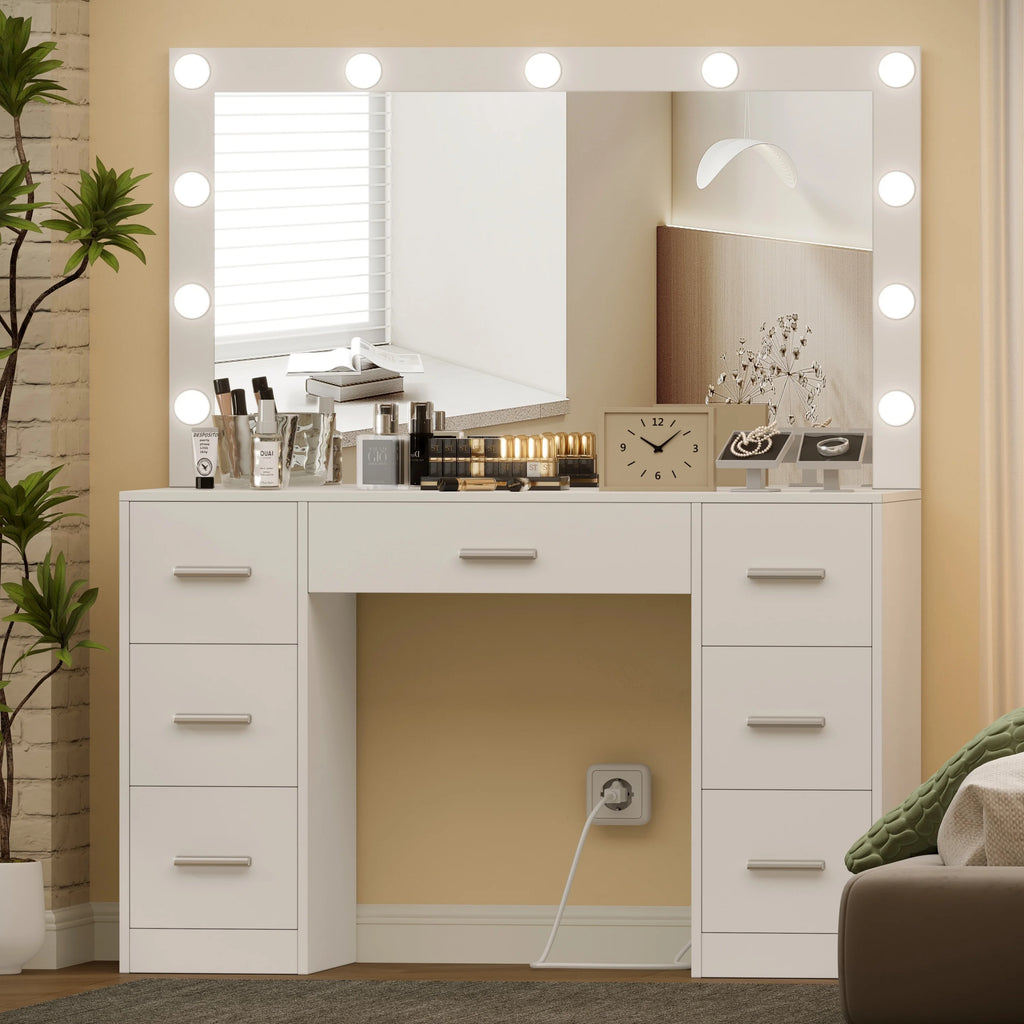 White Makeup Vanity Table with Mirror and 7-Drawer K9200