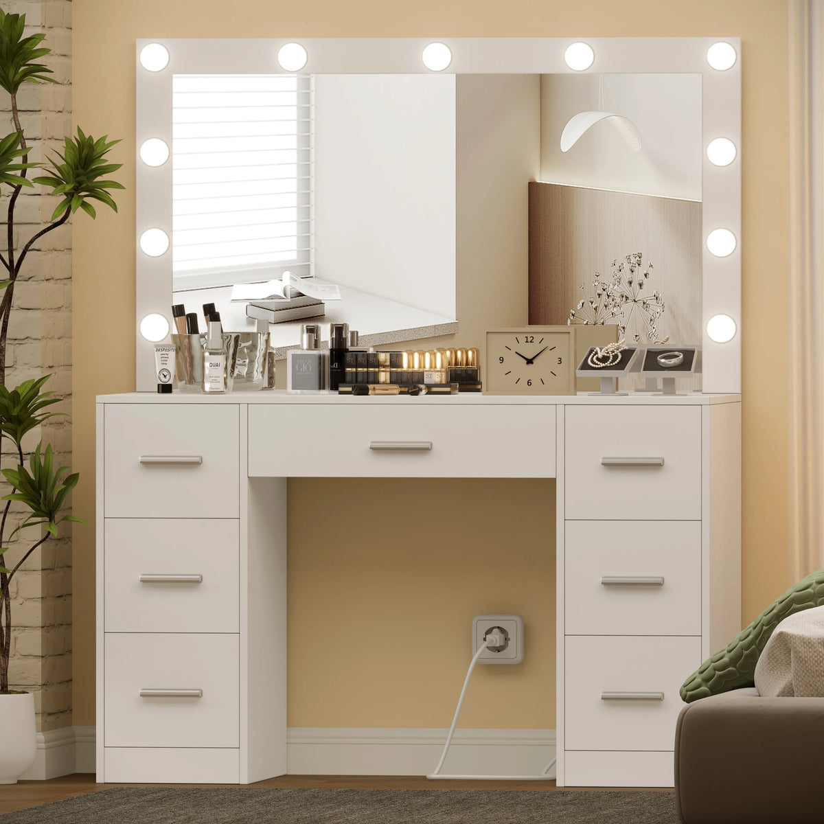 White Makeup Vanity Table with Mirror and 7-Drawer K9200