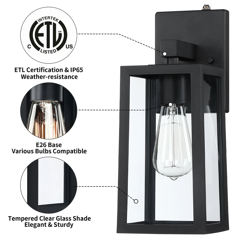 2 Pack Matte Black Waterproof Outdoor Wall Lights with Clear Glass Shade C9751
