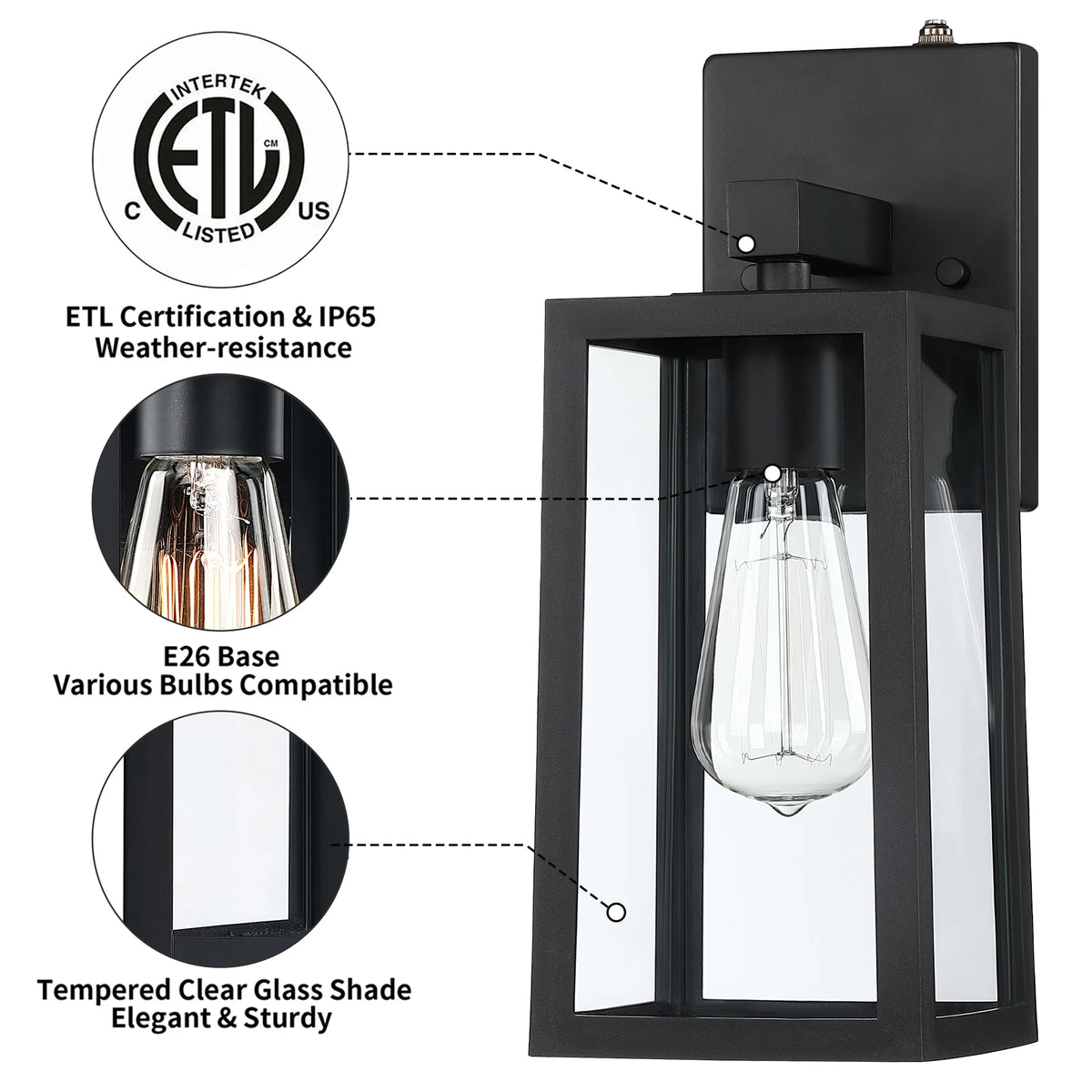 2 Pack Matte Black Waterproof Outdoor Wall Lights with Clear Glass Shade C9751