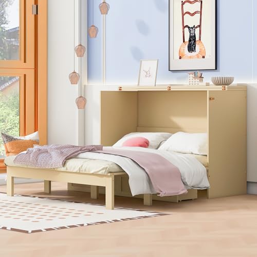 Queen Size White Wood Murphy Bed Cabinet with Storage Drawer U2845