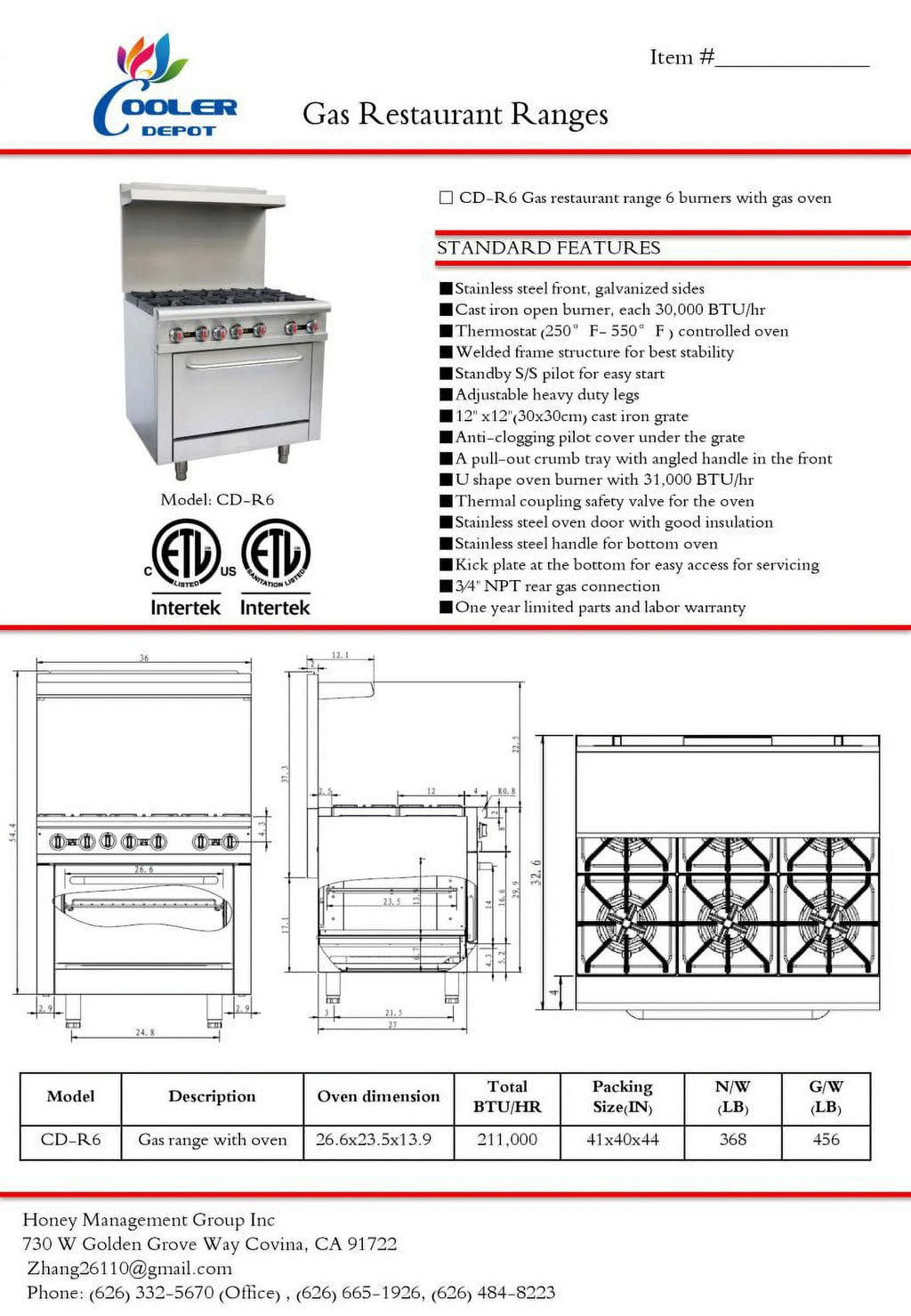 36" 6 Burners Commercial Range & Oven Stainless Steel 211000 BTU A99809