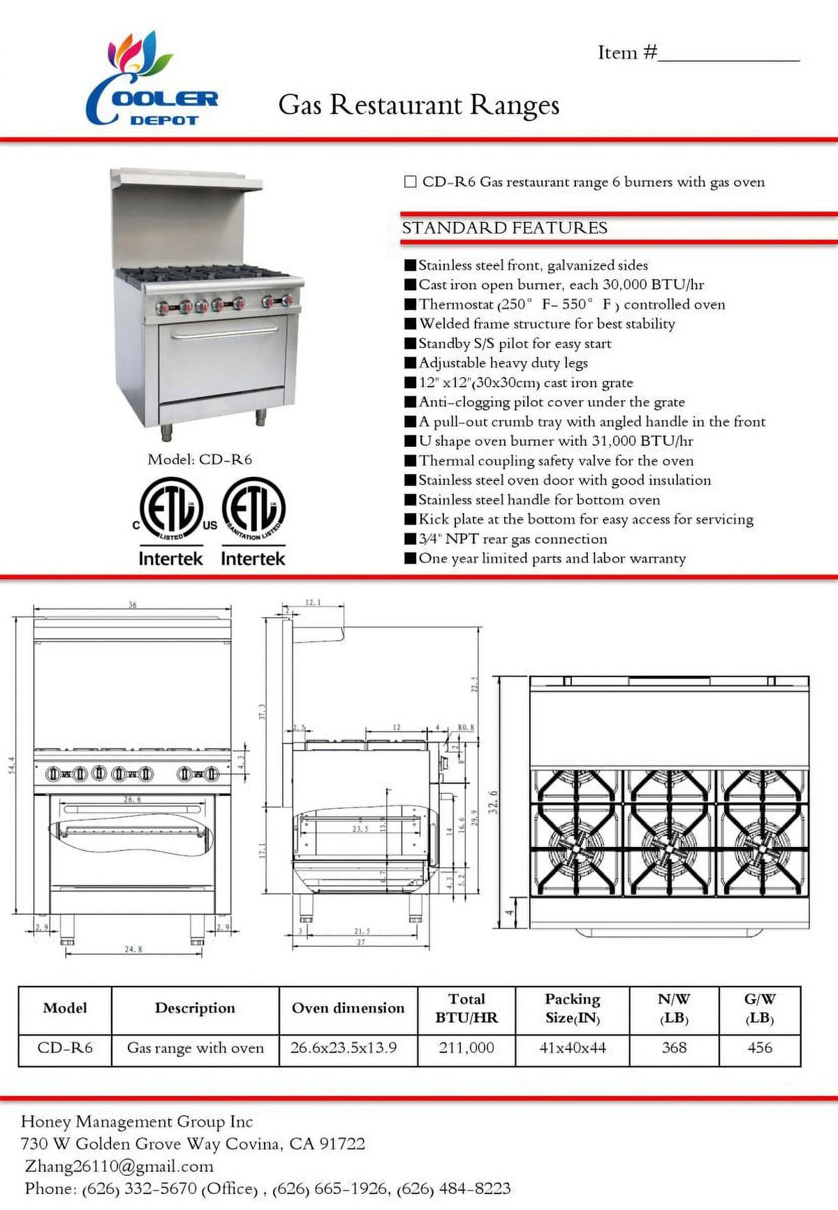 36" 6 Burners Commercial Range & Oven Stainless Steel 211000 BTU A99809