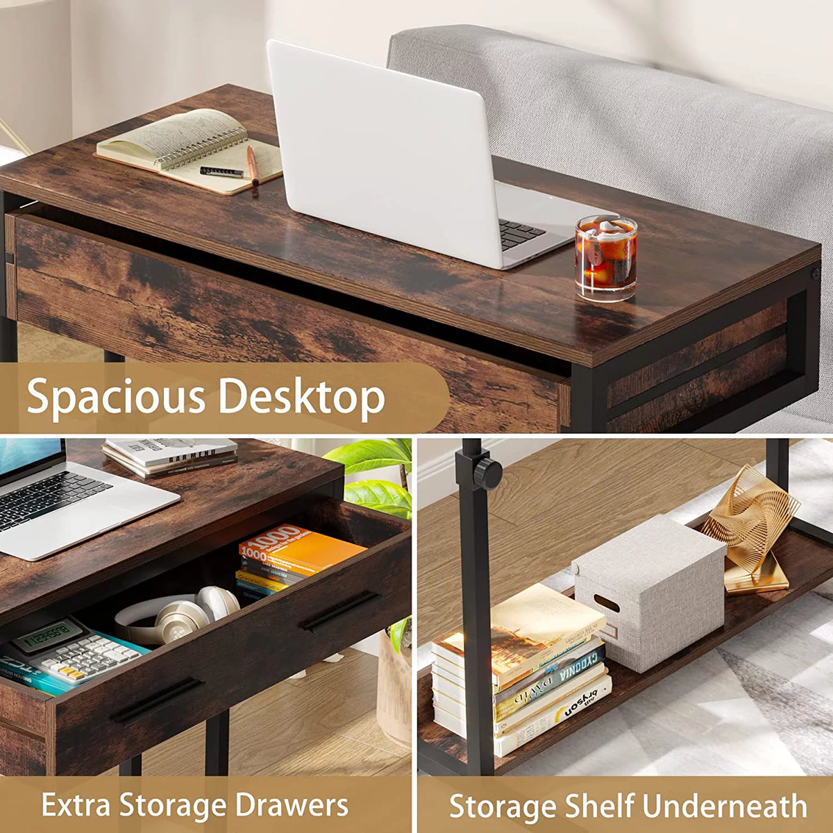 Adjustable Side Table with Drawers & Wheels R652063