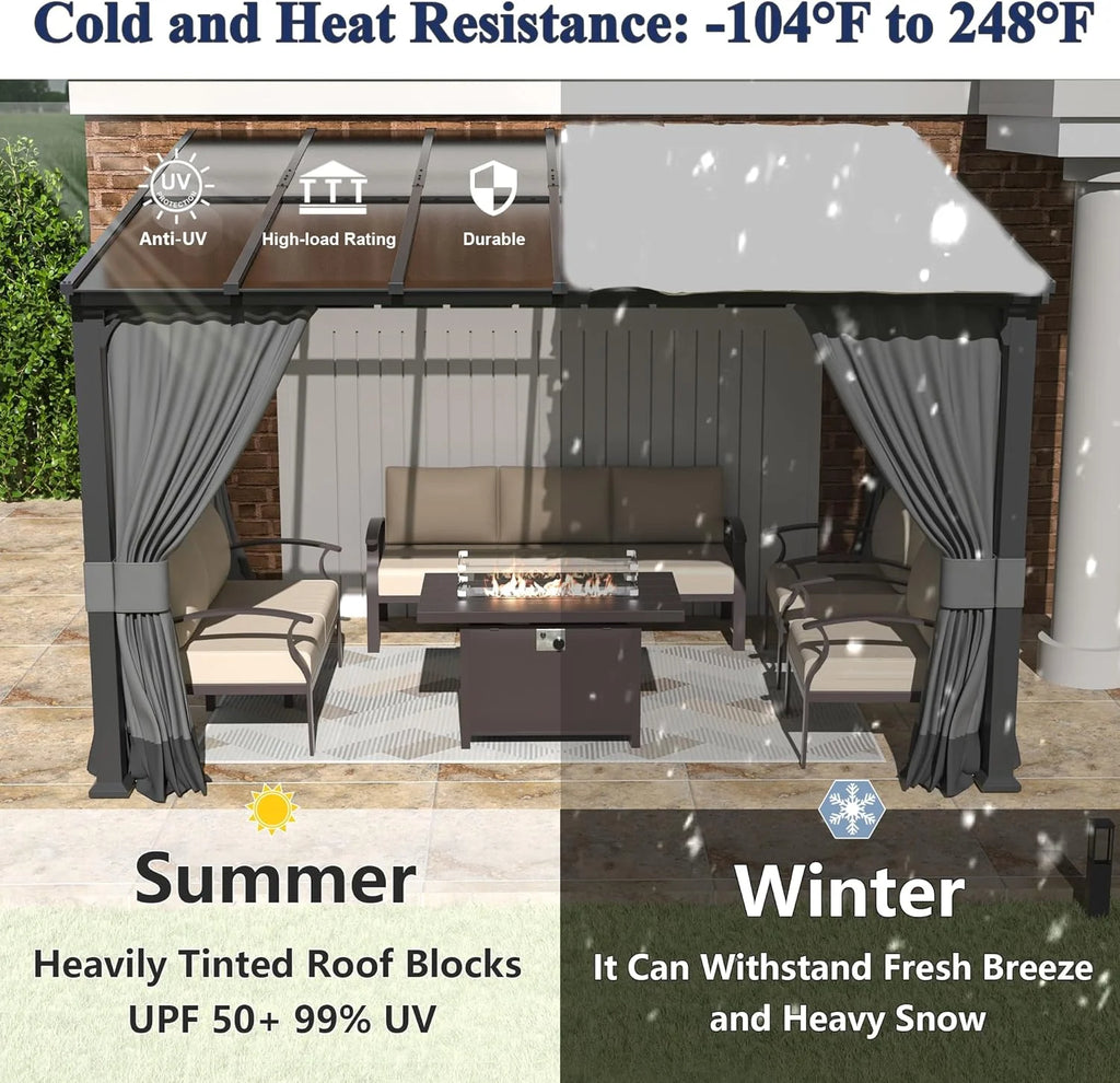 10x24FT Hardtop Wall Mounted Gazebo with Metal Frame and Curtains, Grey P4580