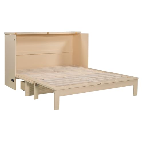 Queen Size White Wood Murphy Bed Cabinet with Storage Drawer U2845