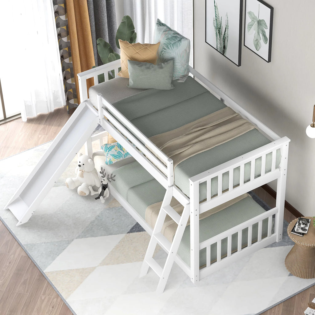 Twin over Twin Solid Wood Bunk Bed with Slide and Ladder F88336