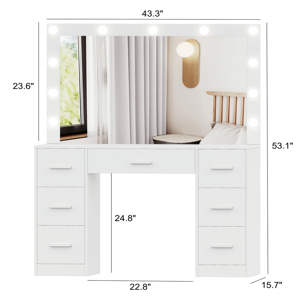 White Makeup Vanity Table with Mirror and 7-Drawer K9200