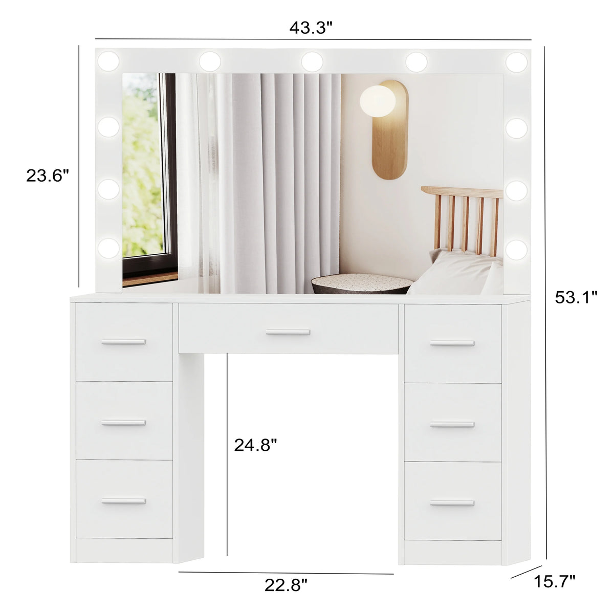 White Makeup Vanity Table with Mirror and 7-Drawer K9200