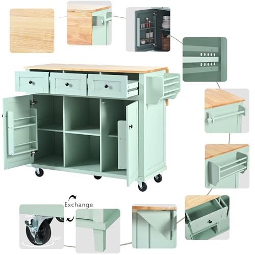 Farmhouse Kitchen Island with Power Outlet, Drop Leaf, Spice Rack and Drawer I325