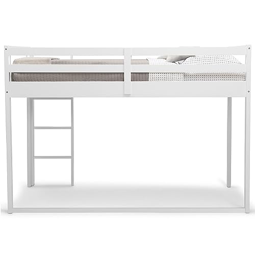 White Twin Loft Bed with Guardrail and Ladder E5493