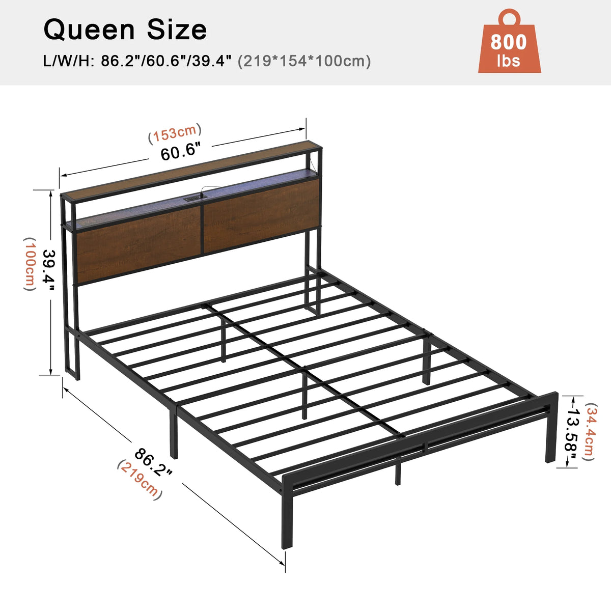 Queen Size Metal Platform Bed Frame with Wooden Headboard M89649