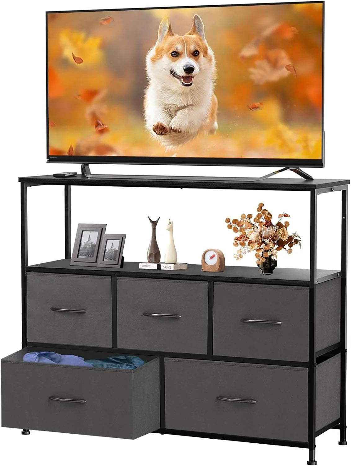 Dark Grey 5 Fabric Drawer Dresser TV Stand E8014