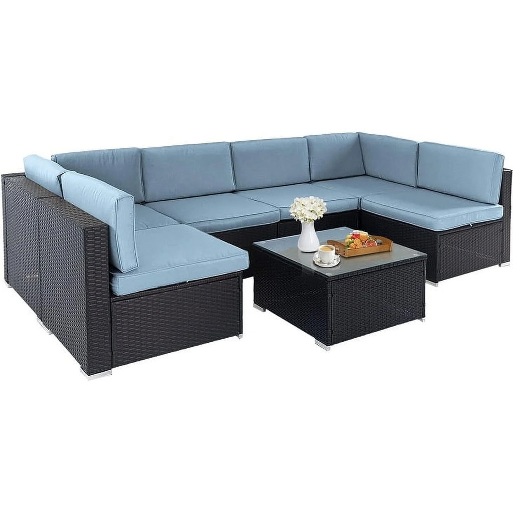 Black Wicker Rattan 7-piece Sectional Sofa Set O59513