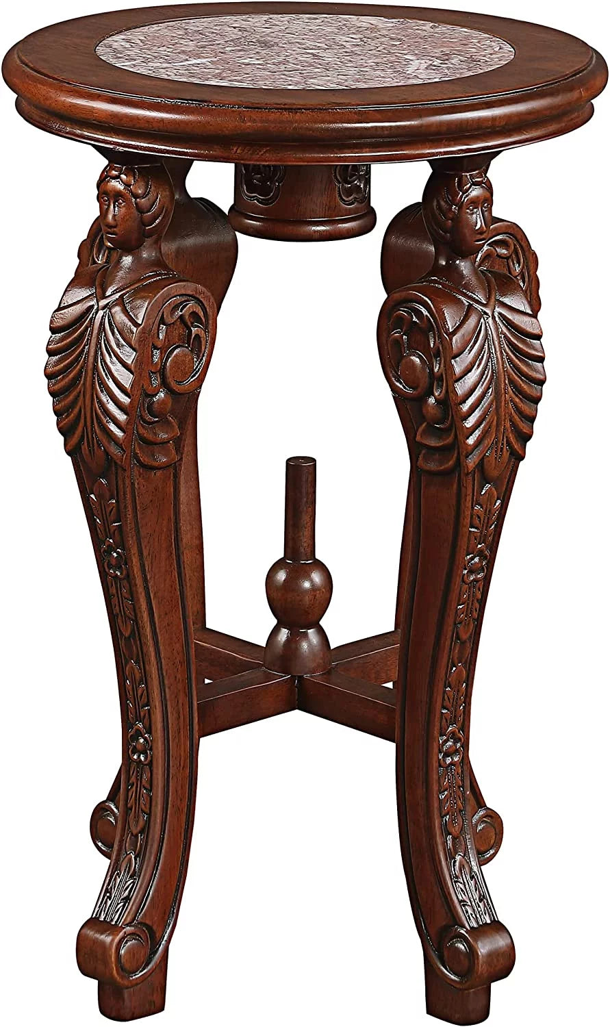 Marble-Topped Hardwood Pedestal Table I768