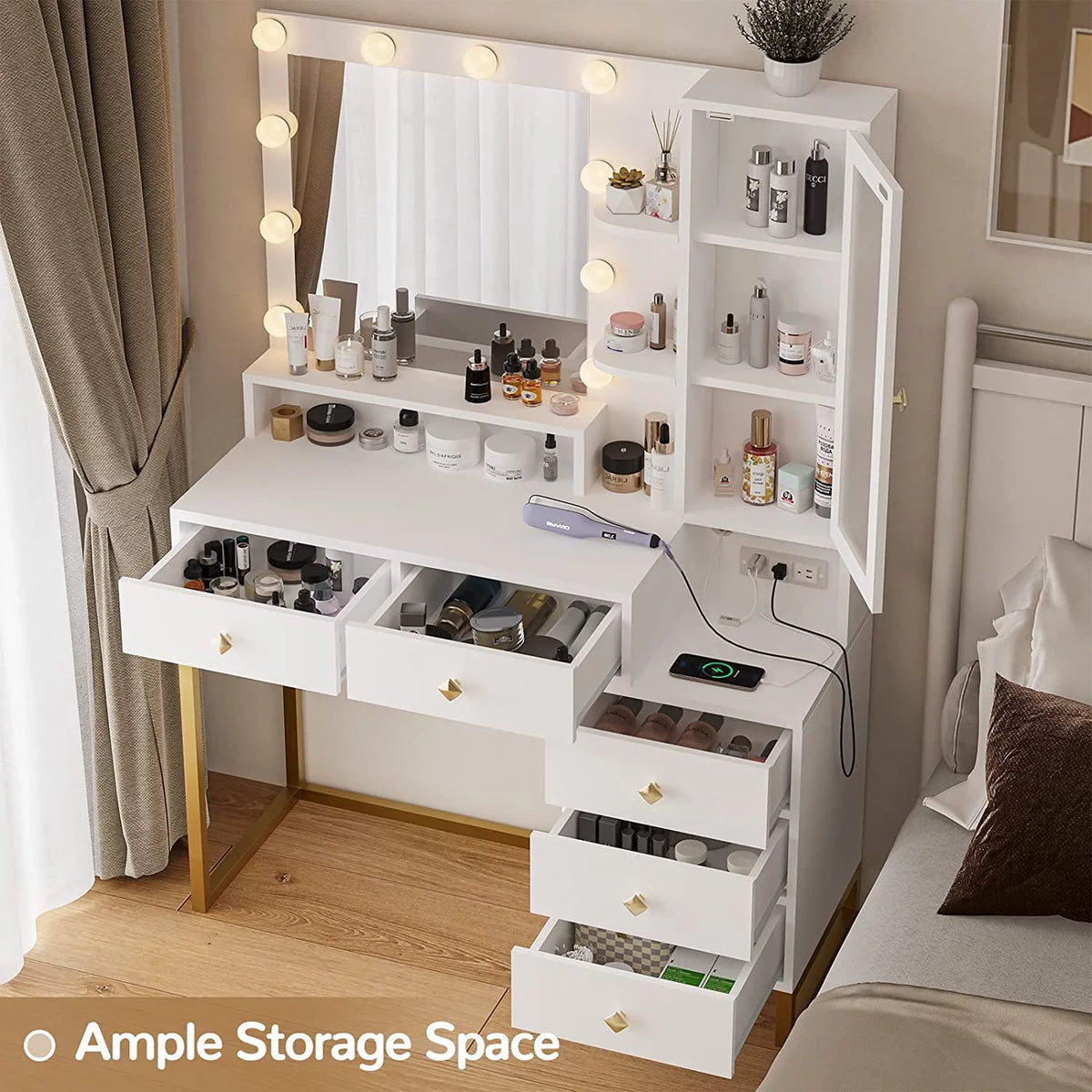 White Makeup Vanity with Lights and 5 Drawers H872717