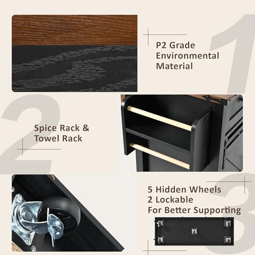 Black Rolling Kitchen Island with Drop Leaf L891